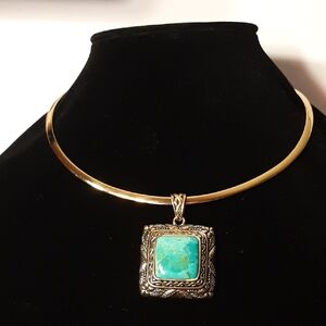 NWOT Studio Barse Brass/Gold-Tone Torc Choker w/ Genuine Turquoise Pendant